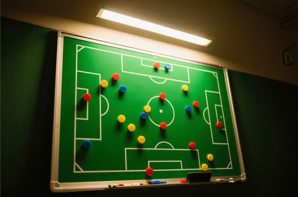 A green soccer tactical board with colorful magnetic markers showing a game formation